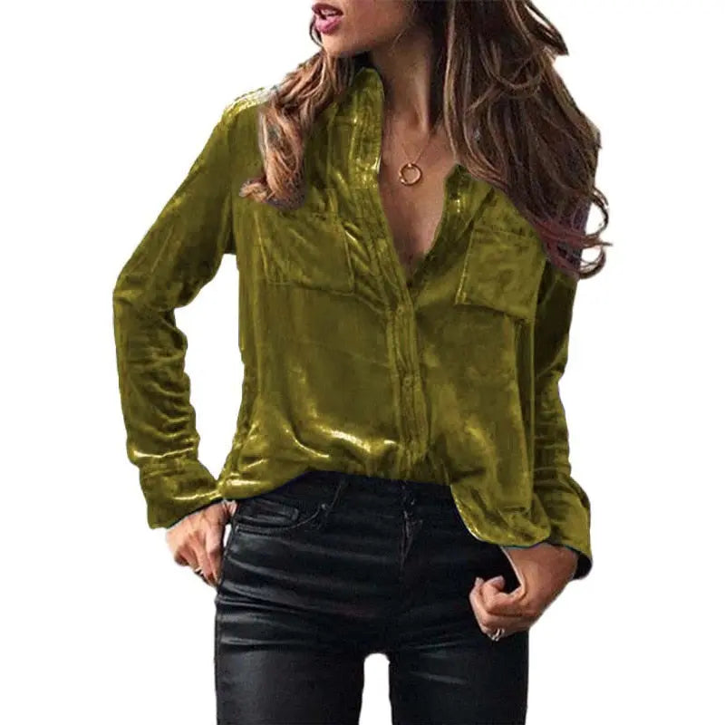 Chemise-Velours-Femme-a-Manches-Longues-Vert-Herbe