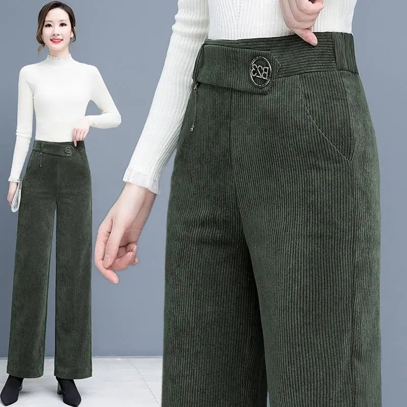 Pantalon Velours Cotelé Vert Femme