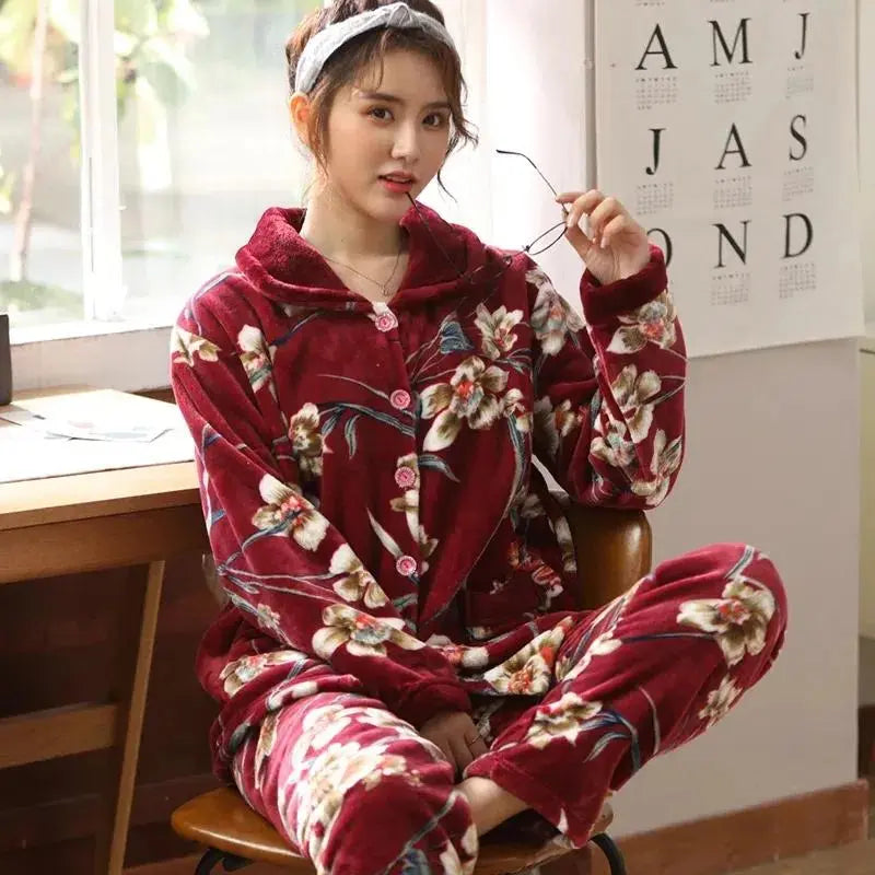 Pyjama-Velours-Femme-Floral-Rouge-Fonce