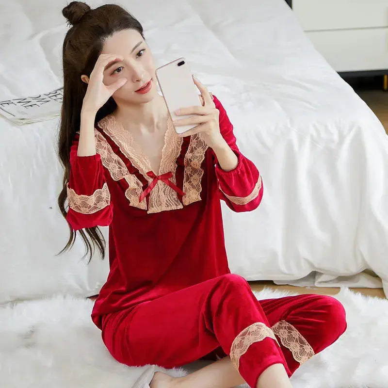 Pyjama-Velours-Femme-Rouge-Dore